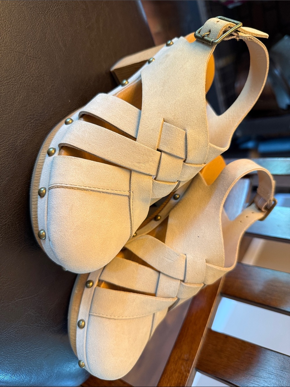 Maison Jules Beige Suede Studded Strappy Sandals